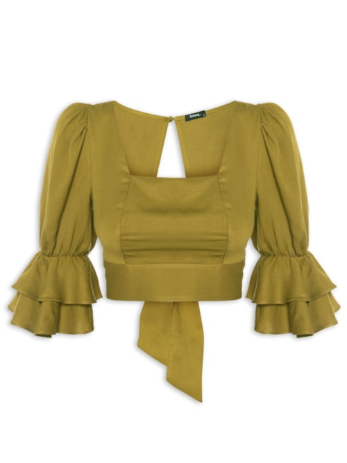 Blusa Feminina Cropped Com Babado Na Manga - Verde Blusa Feminina Cropped Com Babado Na Manga - Verde