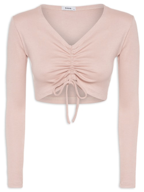 Blusa Feminina Cropped Decote Amarração Malha Canelada - Rosa Blusa Feminina Cropped Decote Amarração Malha Canelada - Rosa