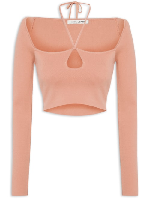 Blusa De Tricot Cropped Com Amarração - Bege Blusa De Tricot Cropped Com Amarração - Bege
