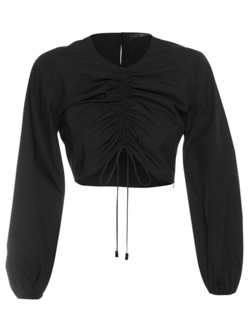 Blusa Feminina De Tricoline Cropped Franzida - Preto Blusa Feminina De Tricoline Cropped Franzida - Preto