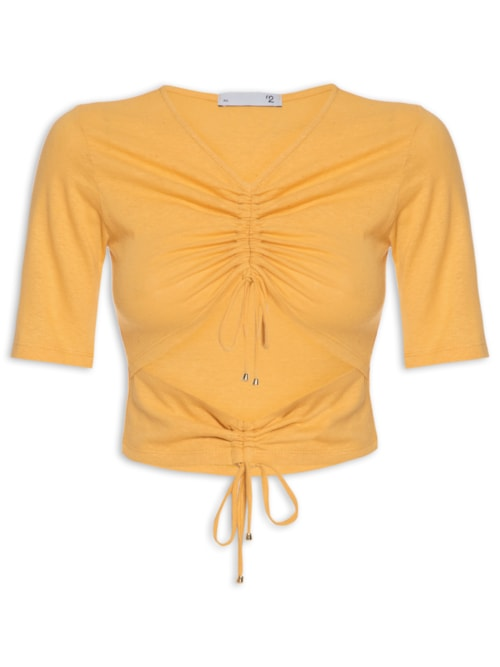 Blusa Feminina Malha Natural Linho Manga Curta Franzidos - Amarelo Blusa Feminina Malha Natural Linho Manga Curta Franzidos - Amarelo