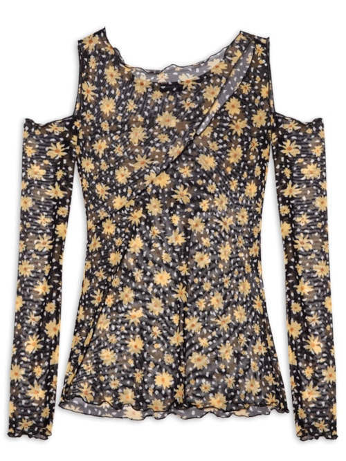 Blusa Manga Longa Tule Com Recortes - Preto Blusa Manga Longa Tule Com Recortes - Preto