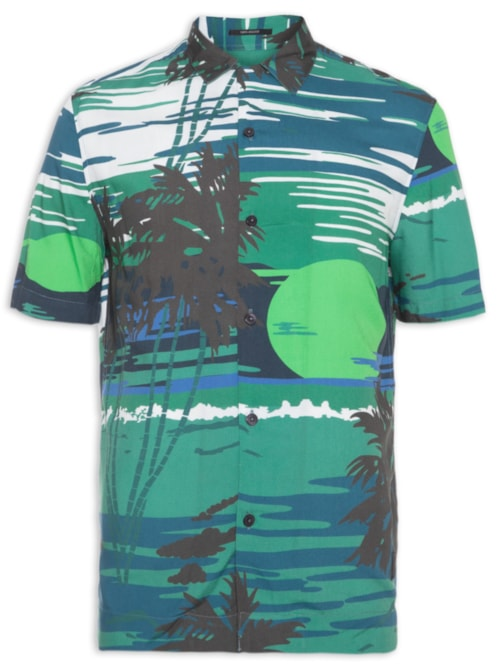 Camisa Masculina Estampada Manga Curta Visco Sunset American - Verde Camisa Masculina Estampada Manga Curta Visco Sunset American - Verde