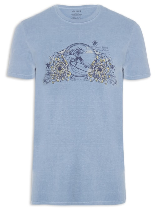 Camiseta Masculina Cotton Washed Surf Flowers Classic - Azul Camiseta Masculina Cotton Washed Surf Flowers Classic - Azul