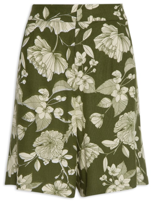 Bermuda Feminina Cintura Alta Linho Misto Estampado - Verde