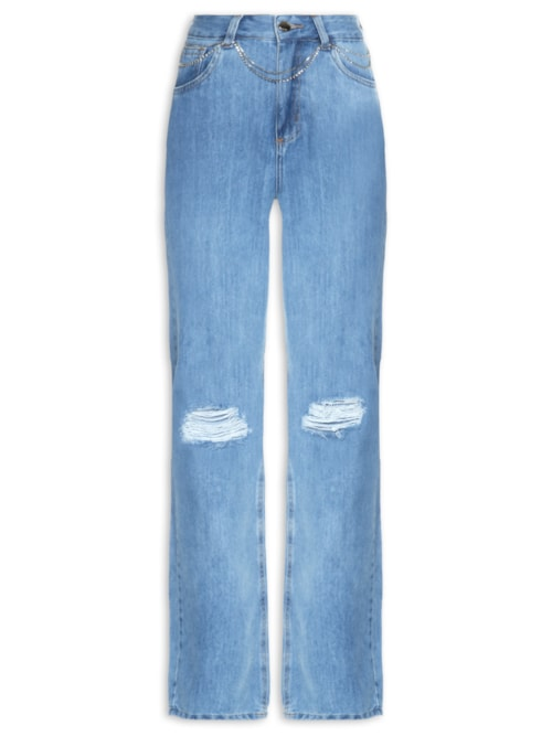 Calça Feminina Jeans Destroyed Reta - Azul