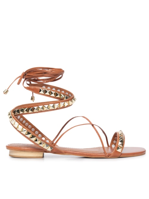 Sandália Rasteira Couro Spikes Amarração - Marrom Sandália Rasteira Couro Spikes Amarração - Marrom