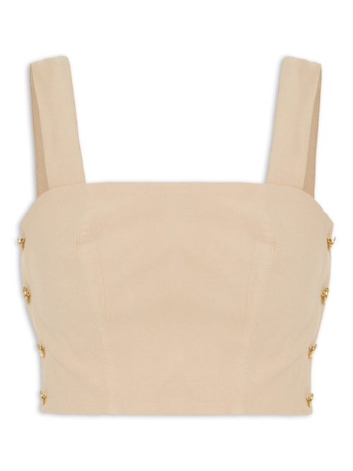 Blusa Cropped Feminino Em Crepe Decote Reto - Bege Blusa Cropped Feminino Em Crepe Decote Reto - Bege