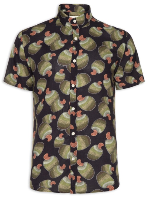 Camisa Masculina Manga Curta Estampada Caju Bordado - Preto Camisa Masculina Manga Curta Estampada Caju Bordado - Preto