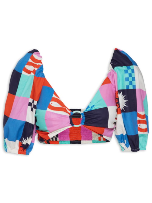 Top Cropped Estampa Xadrez Navy - Azul