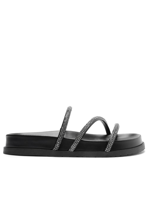 Sandália Feminina Rasteira Papete Três Tiras Pedrarias - Preto Sandália Feminina Rasteira Papete Três Tiras Pedrarias - Preto