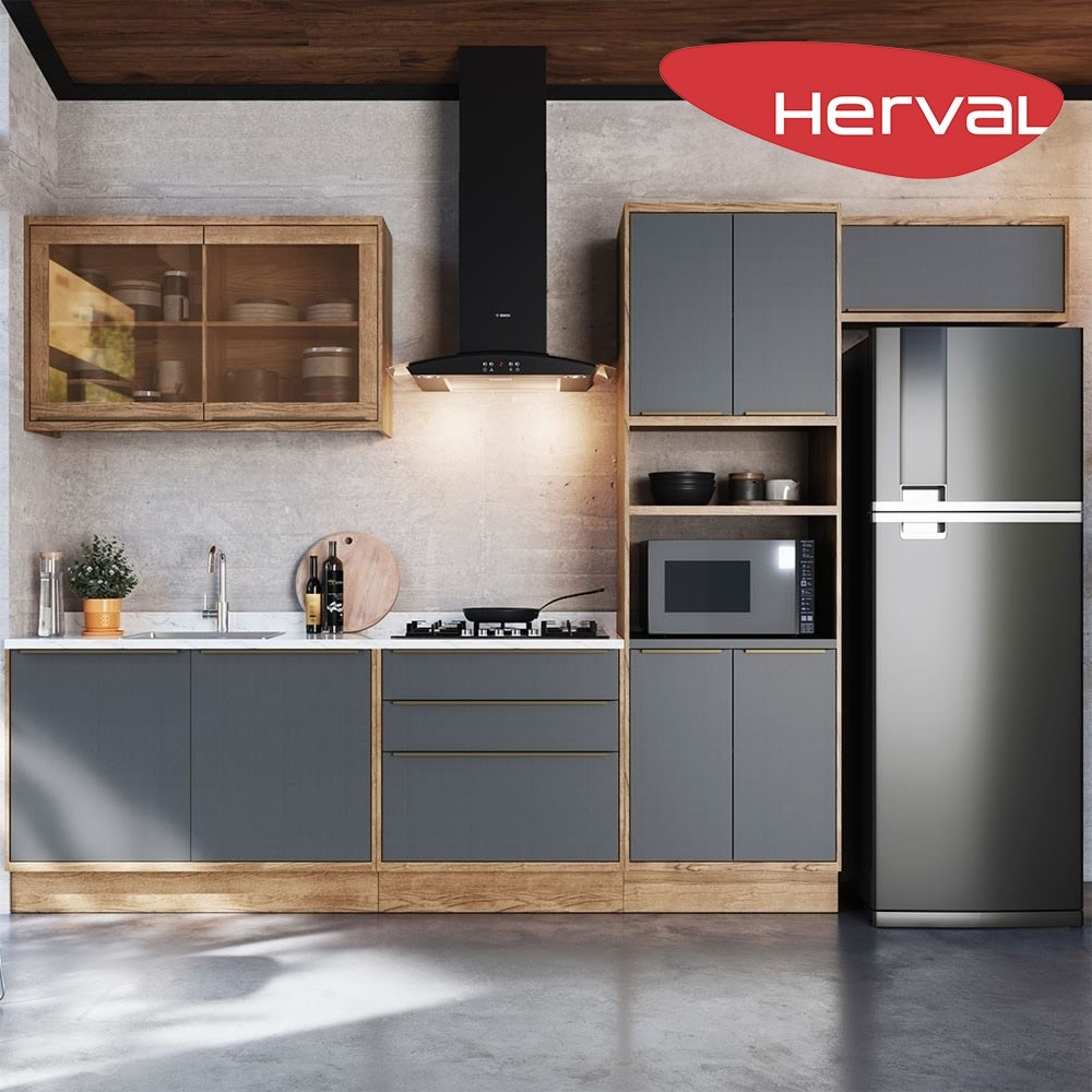 Cozinha Modulada Completa 5 Peças com Tampo 100% MDF com Vidro Herval Uno, Grafite 350 cm