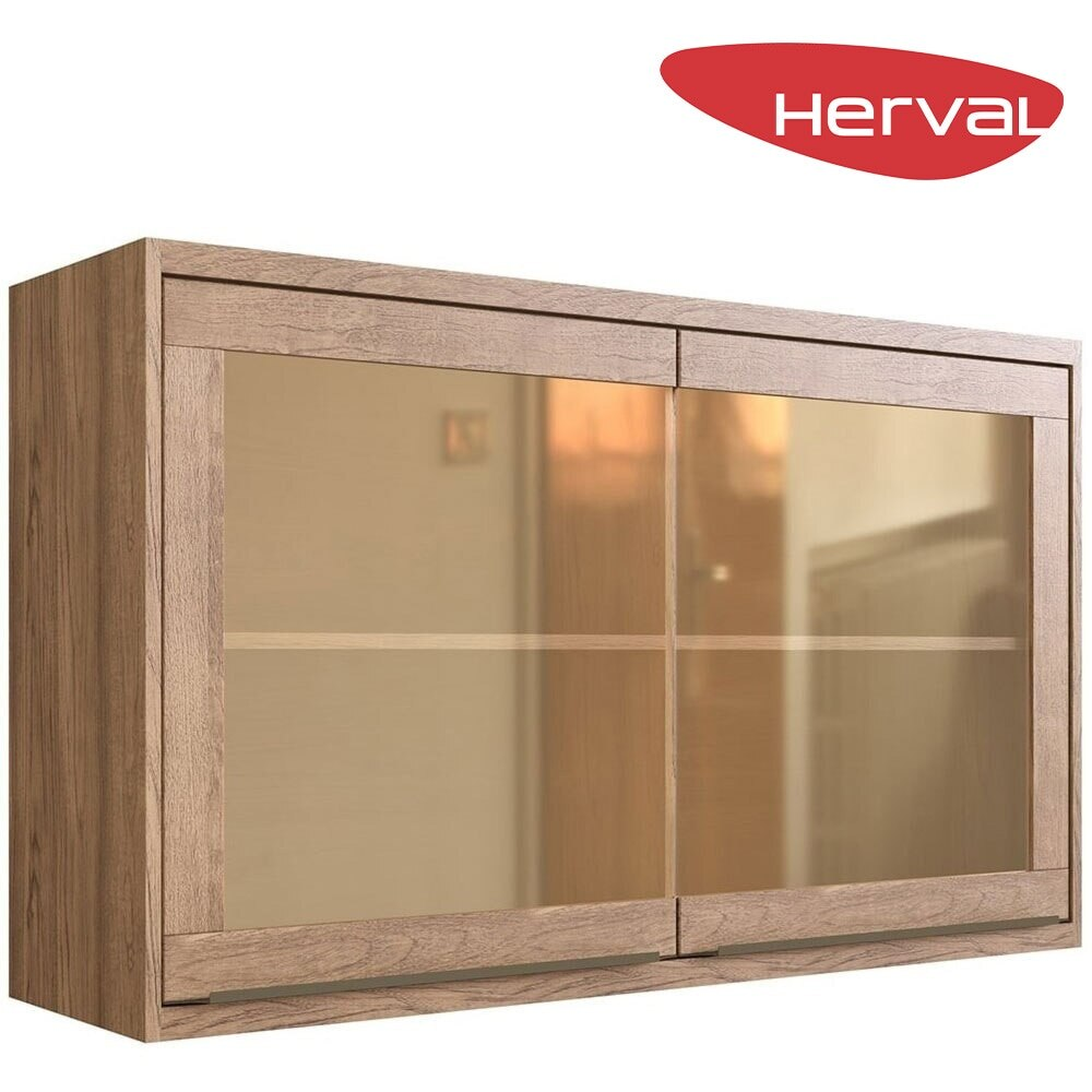 Armário Aéreo de Cozinha 2 Portas MDF Herval Uno, Louro Freijó e Vidro Reflecta, 120 cm
