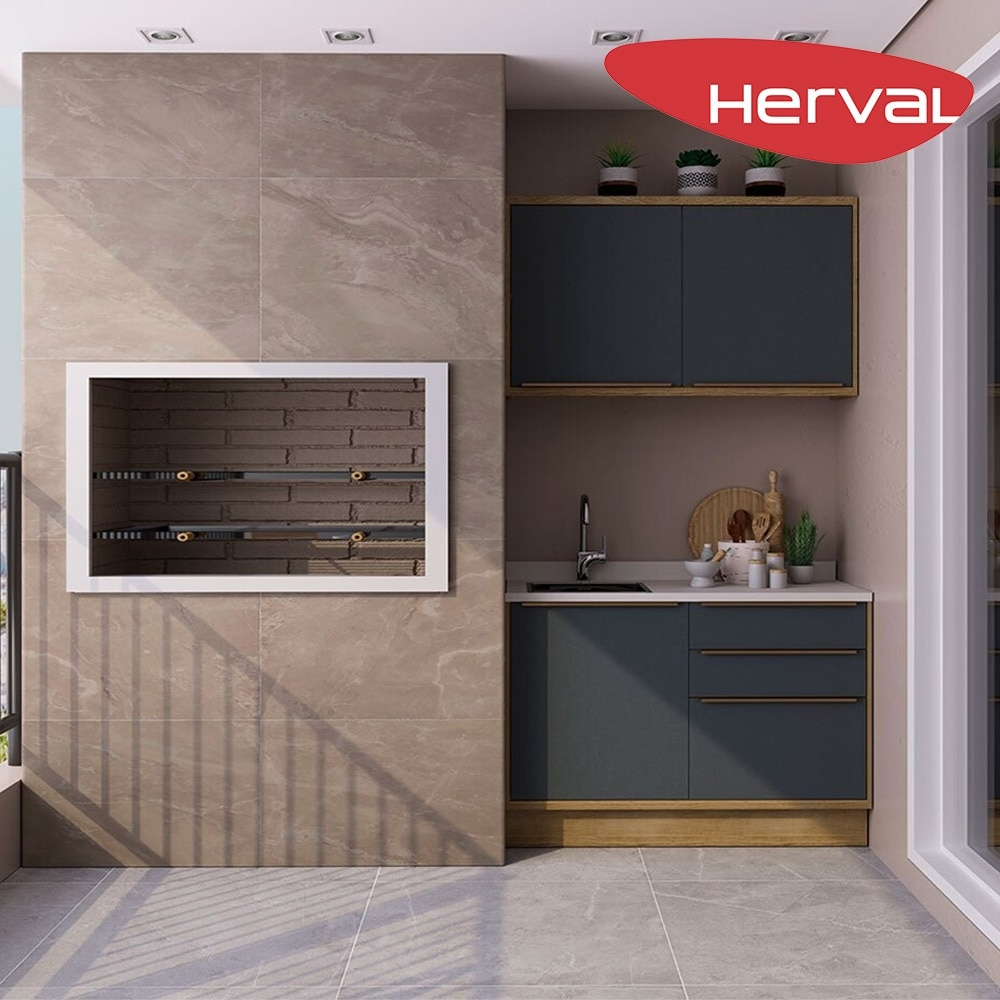 Cozinha Modulada Completa 2 Peças 100% MDF Herval Uno, Grafite e Louro Freijó 120 cm