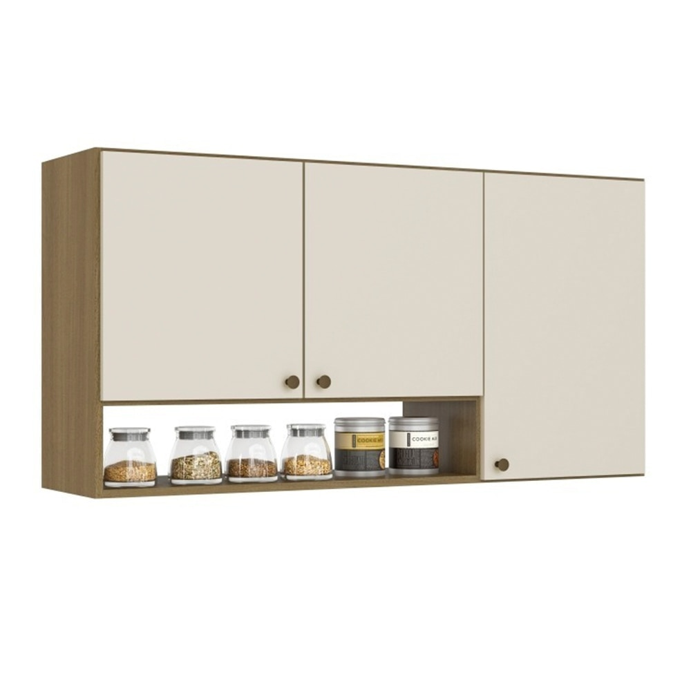 Armário Aéreo de Cozinha 3 Portas THB Mag, Naturale e Off White 120 cm