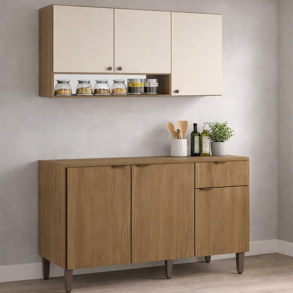 Cozinha Modulada Completa 2 Peças THB Mag, Naturale com Off White 120 cm