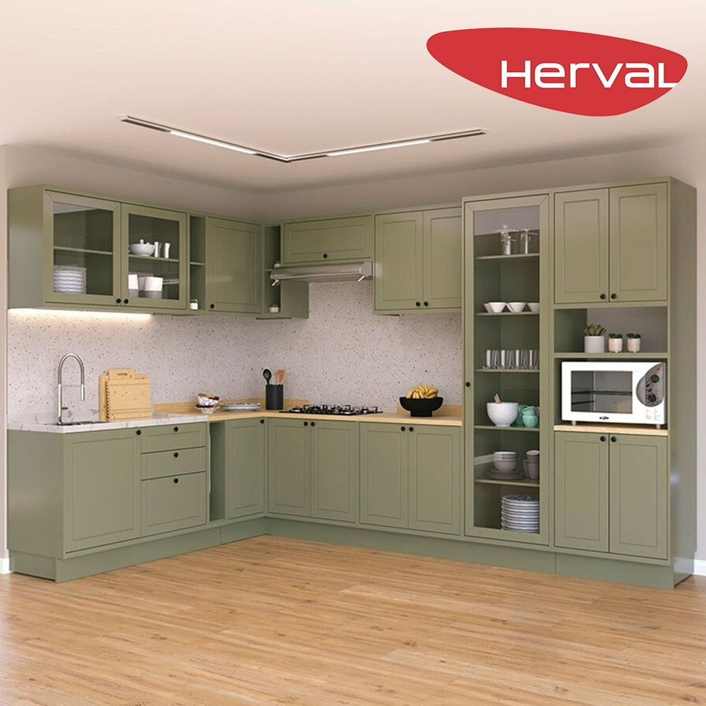 Cozinha Modulada de Canto Completa 12 Peças com 4 Tampos Herval Liz com Cristaleira, Verde