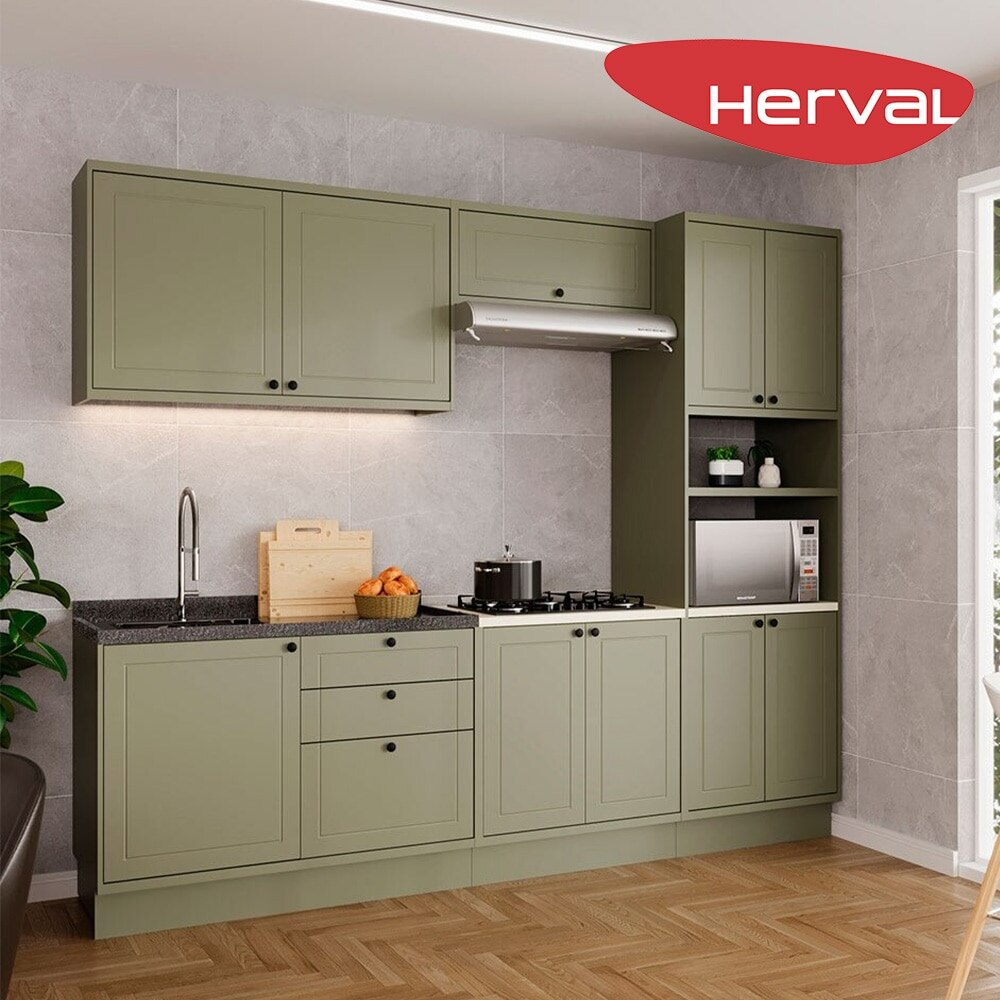 Cozinha Modulada Completa 5 Peças com Tampo e Torre-Quente Herval Liz, Verde 270 cm