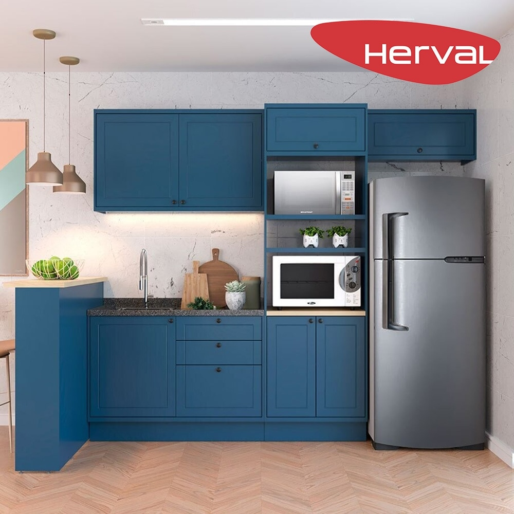 Cozinha Modulada Completa 5 Peças Herval Liz, Azul Com Bancada