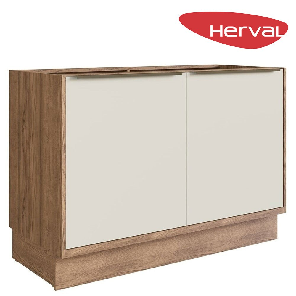 Balcão de Cozinha 2 Portas MDF Herval Uno, Off White e Louro Freijó 120 cm