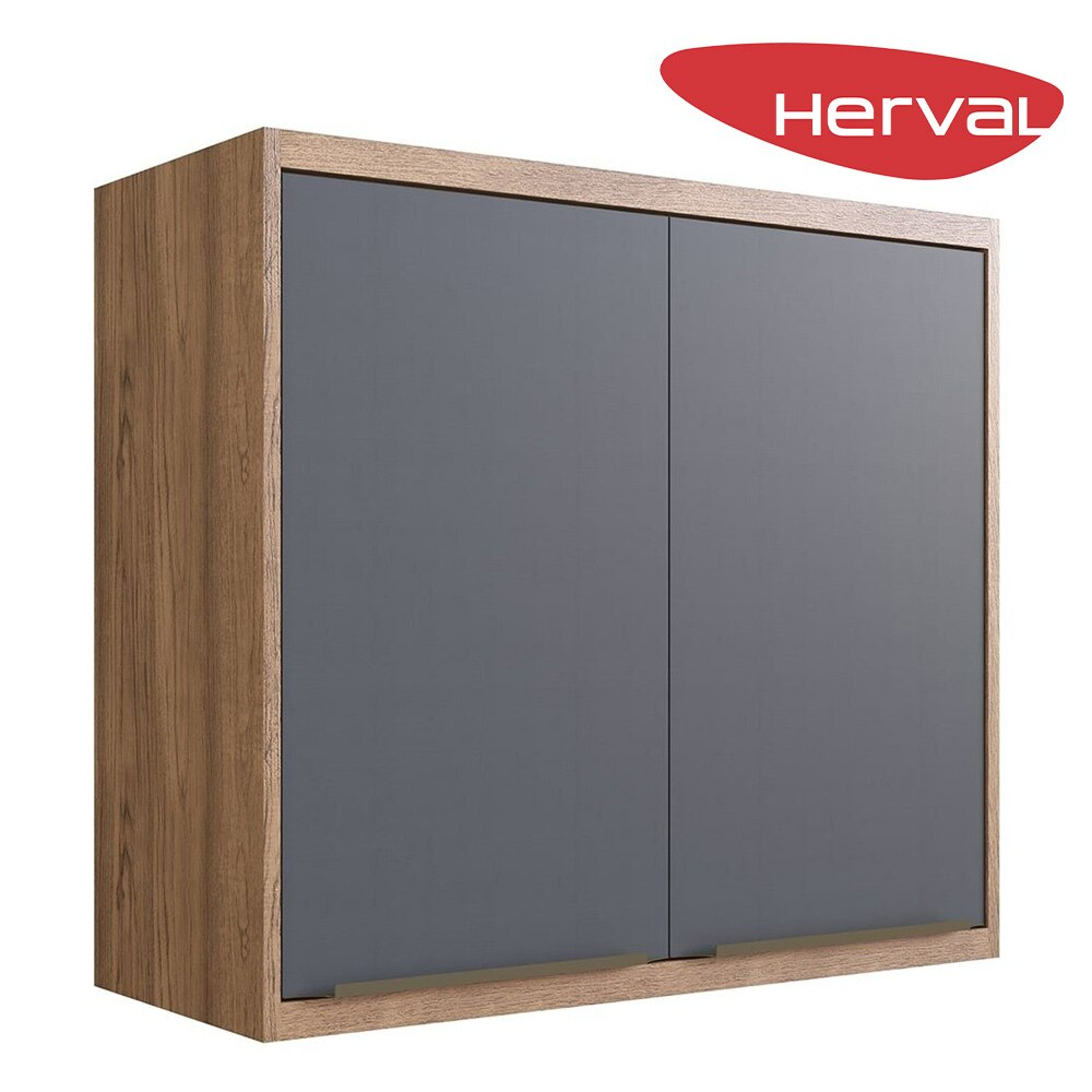 Armário Aéreo de Cozinha 2 Portas MDF Herval Uno, Grafite e Louro Freijó 80 cm