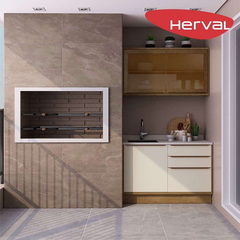 Cozinha Modulada Completa 2 Peças 100% MDF com Vidro Herval Uno, Off White e Louro Freijó 120 cm