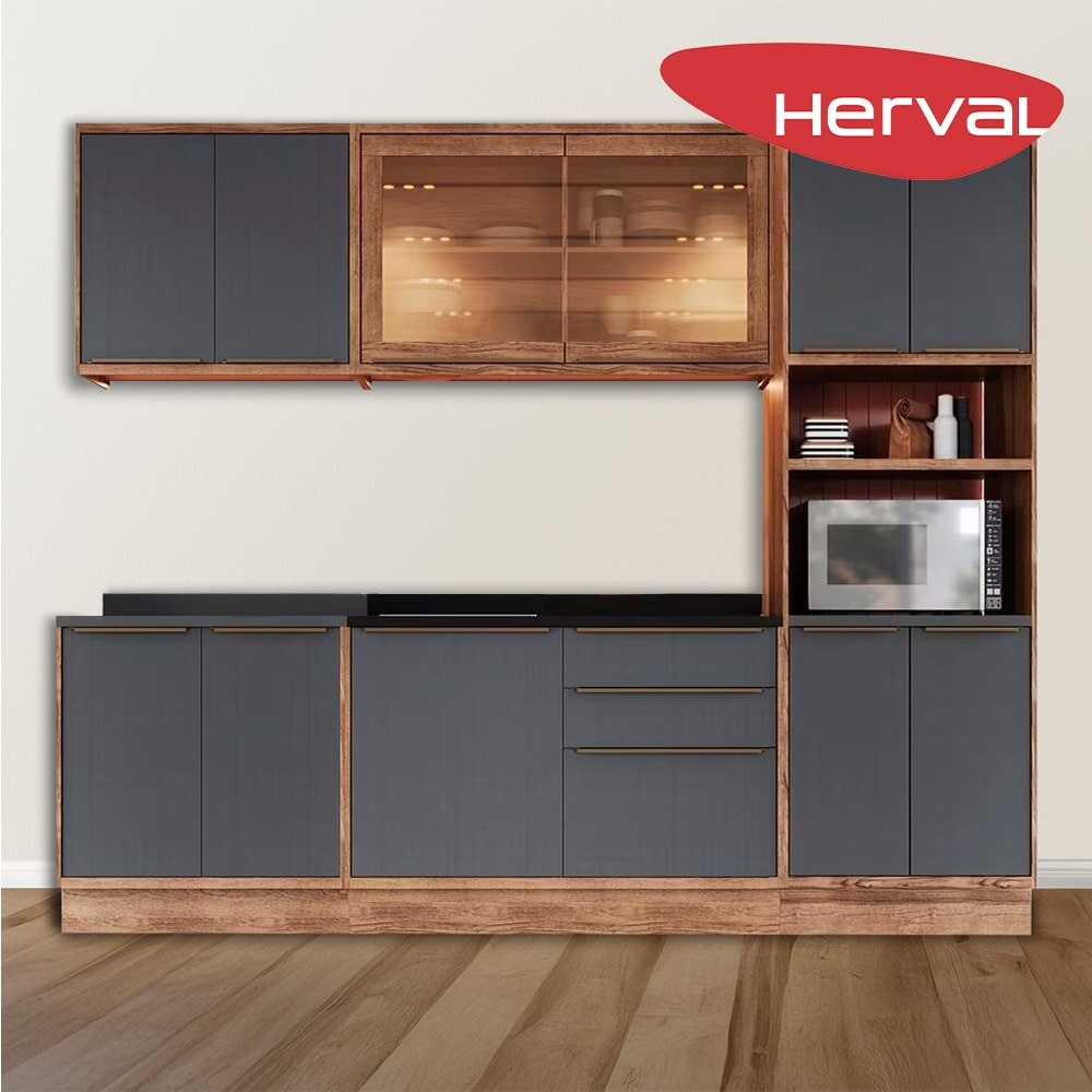 Cozinha Modulada Completa 5 Peças com Tampo 100% MDF Herval Uno, Grafite e Louro Freijó 270 cm