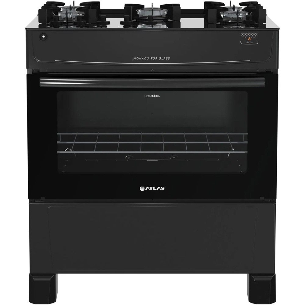 Fogão 5 Bocas Atlas Mônaco Top Glass com Acendimento Automático e Mesa de Vidro, Preto