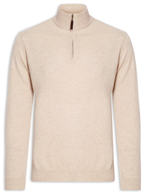 Suéter Masculino Gola Alta Com Meio Zíper Puro Cashmere - Bege