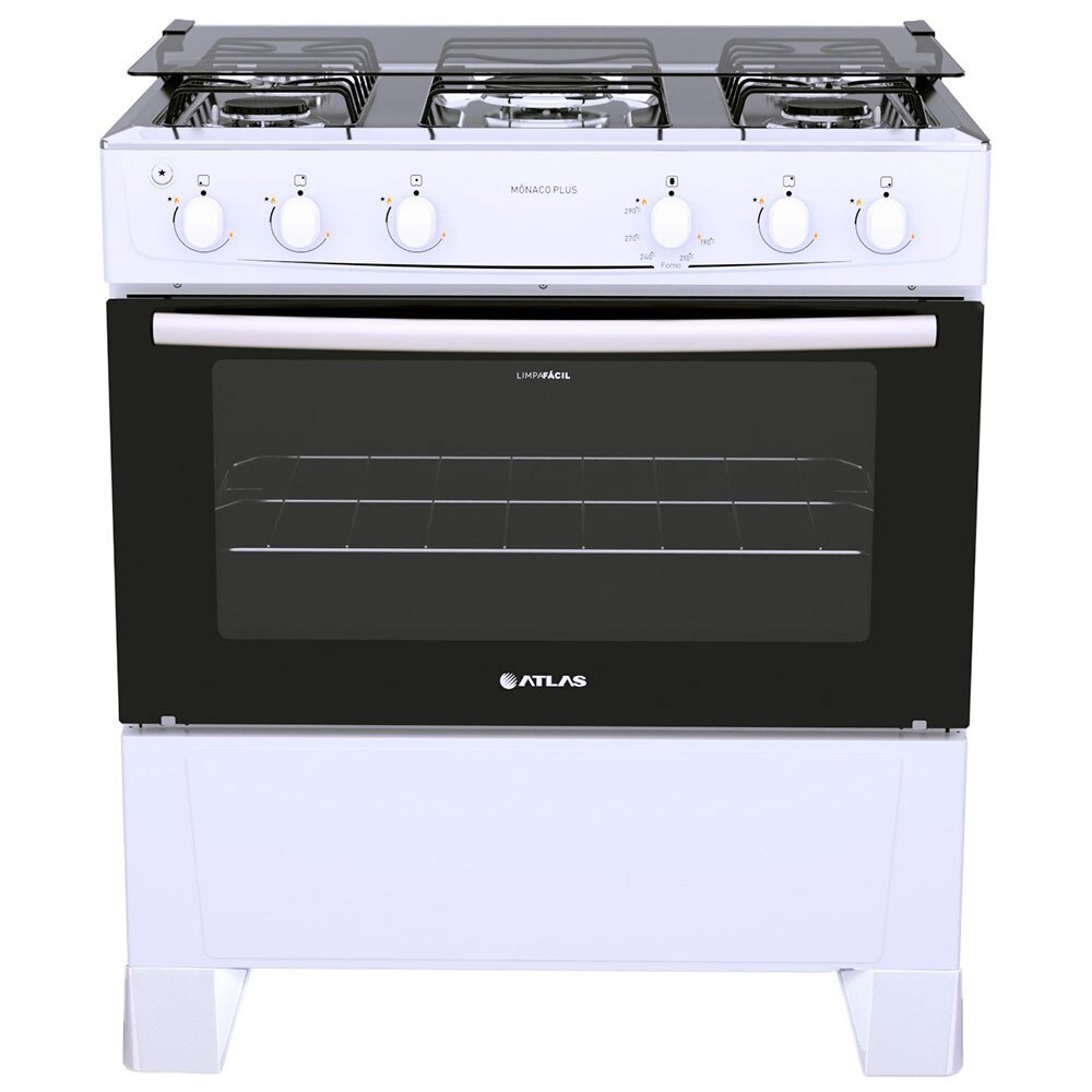 Fogão 5 Bocas Atlas Mônaco Plus com Mesa Inox e Acendimento Automático, Branco Fogão 5 Bocas Atlas Mônaco Plus com Mesa Inox e Acendimento Automático, Branco
