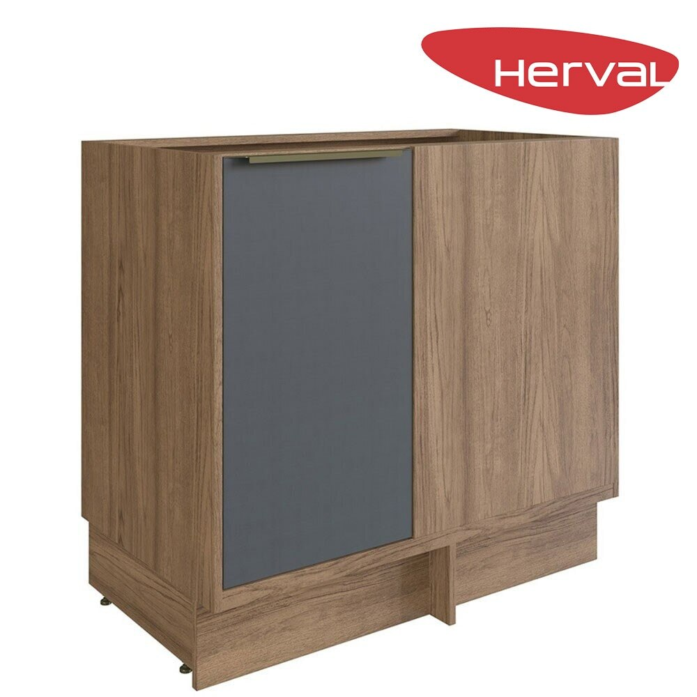 Balcão de Canto Reto 1 Porta MDF Herval Uno, Grafite e Louro Freijó 92,5 cm