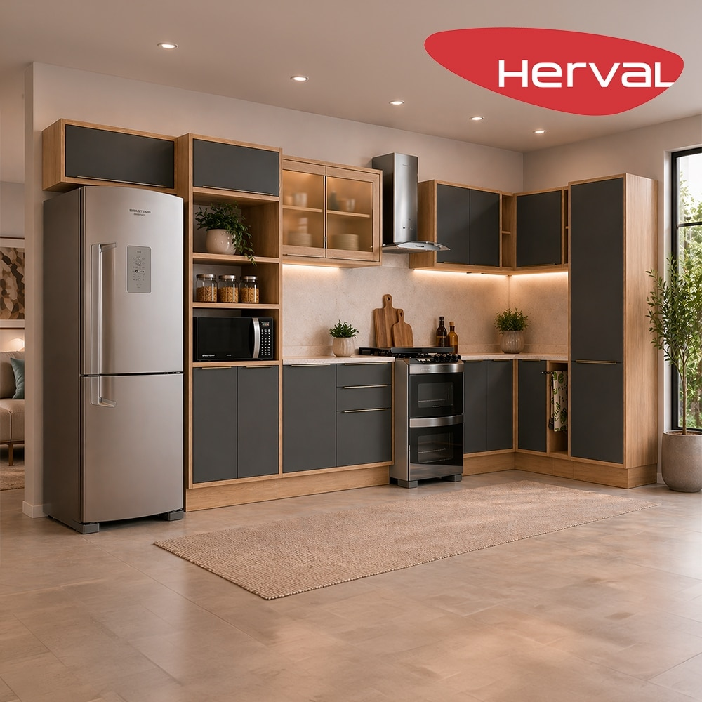Cozinha Modulada de Canto Completa 12 Peças com 3 Tampos 100% MDF Herval Uno, Grafite