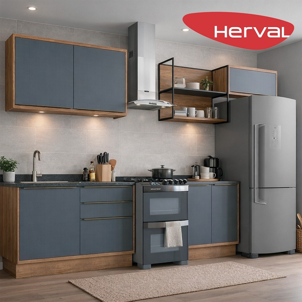 Cozinha Modulada Completa 5 Peças com Tampo 100% MDF com Nicho Herval Uno, Grafite e Louro Freijó 280 cm