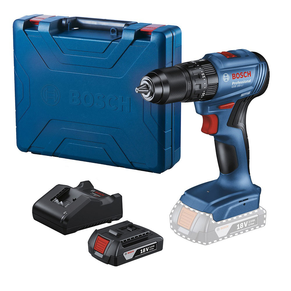 Furadeira e Parafusadeira de Impacto Bosch GSB 185-LI, 18V com Maleta e 1 Bateria Furadeira e Parafusadeira de Impacto Bosch GSB 185-LI, 18V com Maleta e 1 Bateria