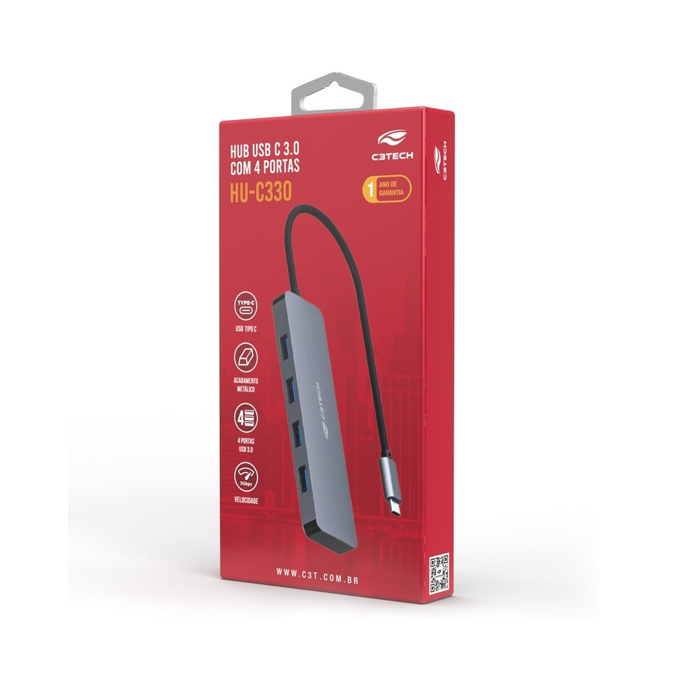 Hub C3Tech USB 4 Portas Tipo C Preto Hub C3Tech USB 4 Portas Tipo C Preto
