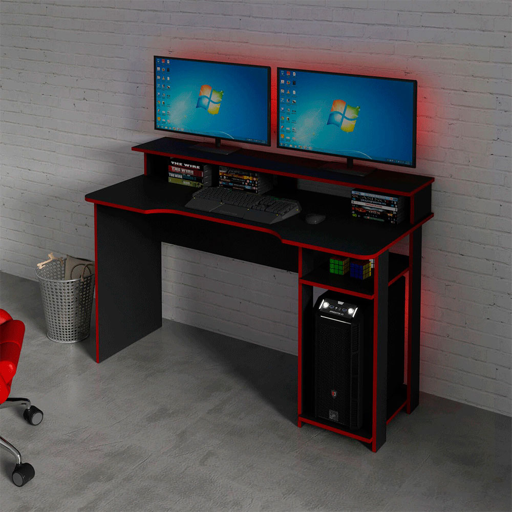 Escrivaninha Mesa Gamer 2 Prateleiras, Tecno Mobili ME4153 Preto e Vermelho, 136 cm