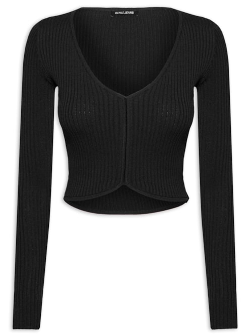 Blusa Feminina Tricot Cropped Manga Longa - Preto Blusa Feminina Tricot Cropped Manga Longa - Preto