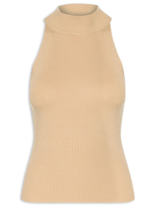 Blusa Tricot Sem Manga Gola Alta - Bege Blusa Tricot Sem Manga Gola Alta - Bege