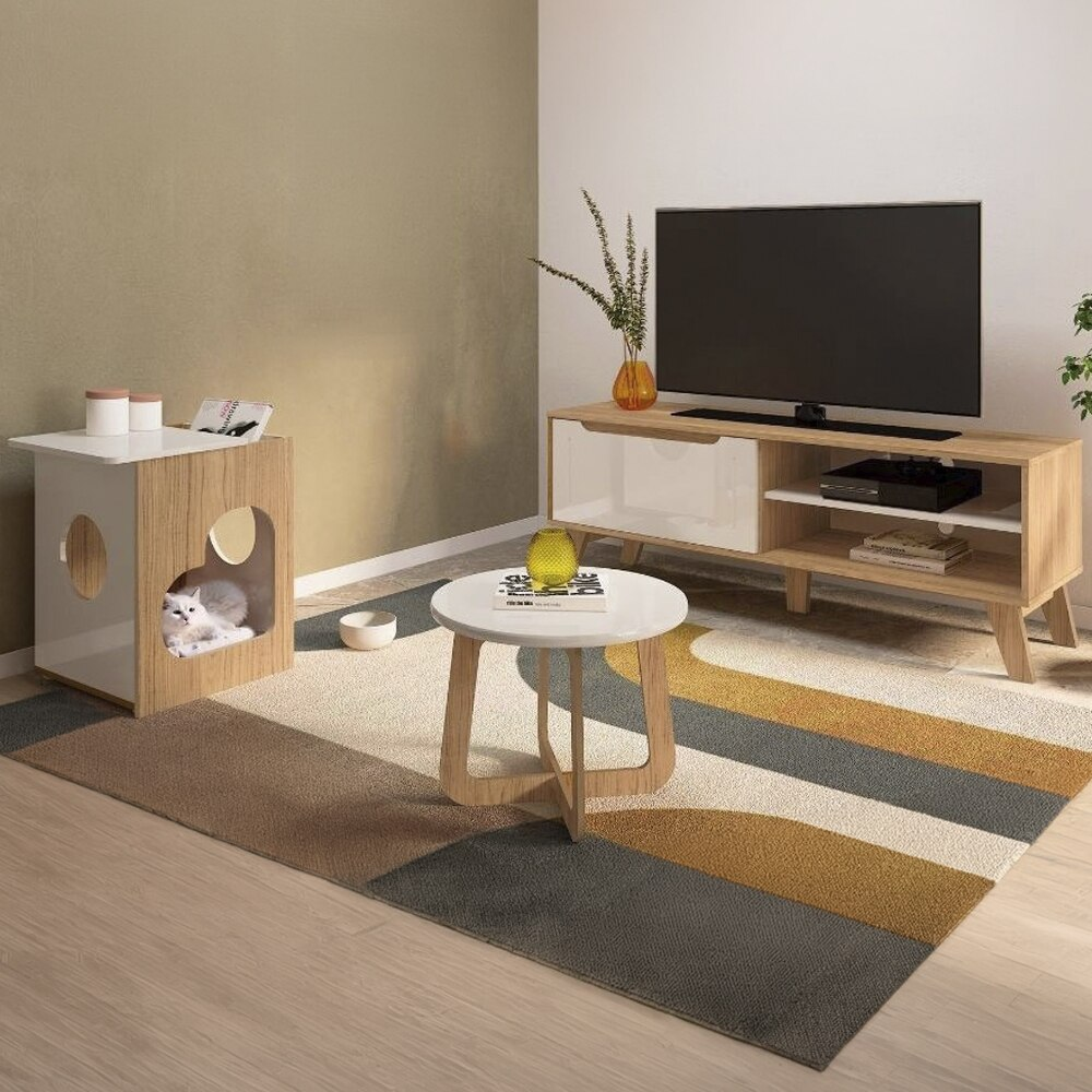 Sala de Estar Completa Artely, Rack, Mesa de Centro e Mesa de Apoio, Carvalho/Off White Sala de Estar Completa Artely, Rack, Mesa de Centro e Mesa de Apoio, Carvalho/Off White