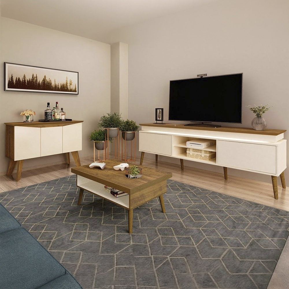 Sala de Estar Completa Artely Rack, Buffet e Mesa de Centro, Pinho/Off White Sala de Estar Completa Artely Rack, Buffet e Mesa de Centro, Pinho/Off White