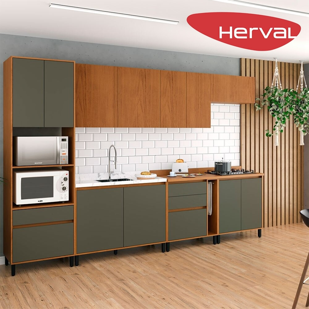 Cozinha Modulada Completa 7 Peças com 2 Tampos Herval Roma, Freijó e Grafite 350 cm