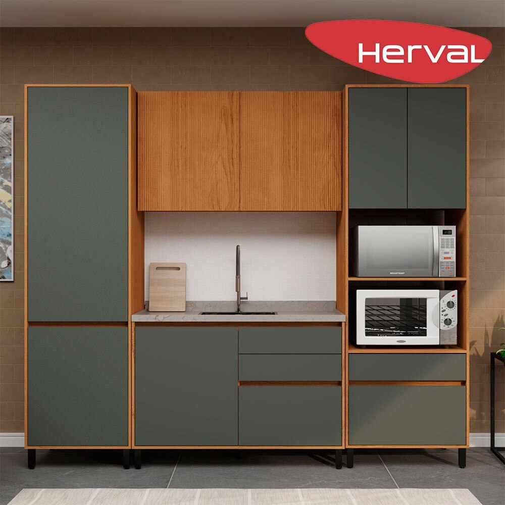 Cozinha Modulada Completa 4 Peças Herval Roma, Freijó e Grafite 250 cm