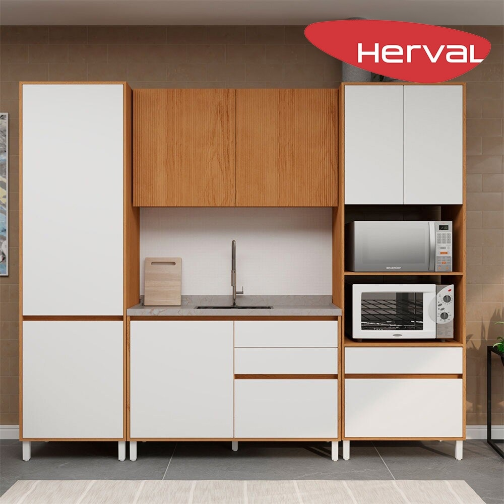Cozinha Modulada Completa 4 Peças Herval Roma, Freijó e Branco 250 cm