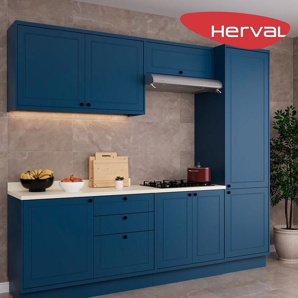Cozinha Modulada Completa 5 Peças com Tampo Herval Liz, Azul 260 cm