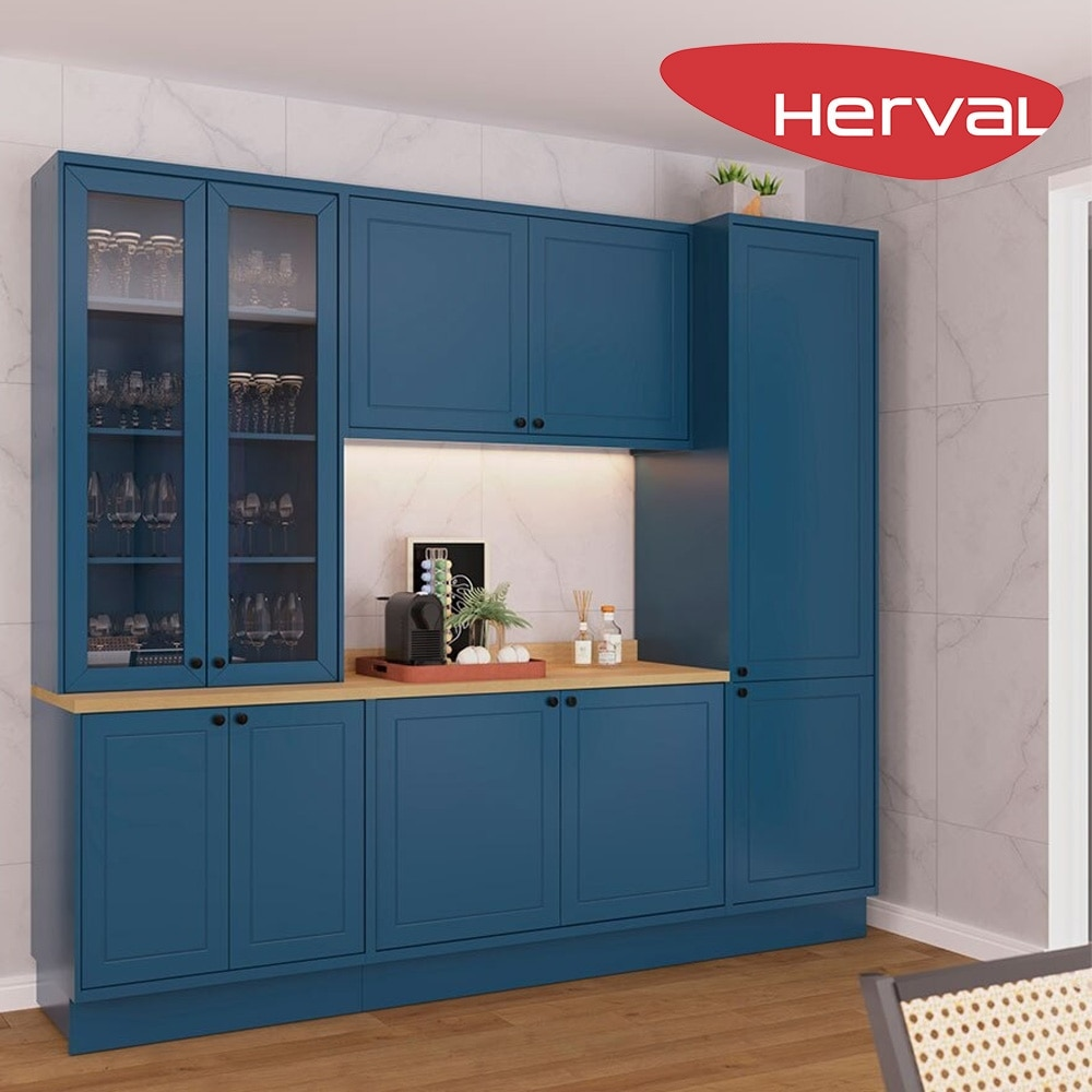 Cozinha Modulada Completa 5 Peças com 2 Tampos Herval Liz, Azul 260 cm
