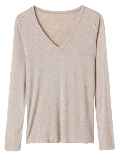Blusa Manga Comprida Decote Em v Com Cashmere - Bege Blusa Manga Comprida Decote Em v Com Cashmere - Bege