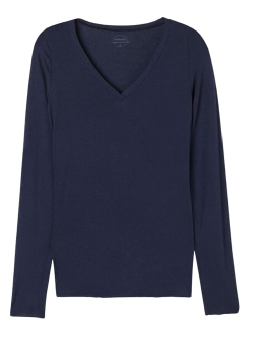 Blusa Manga Comprida Decote Em v Com Cashmere - Azul Blusa Manga Comprida Decote Em v Com Cashmere - Azul
