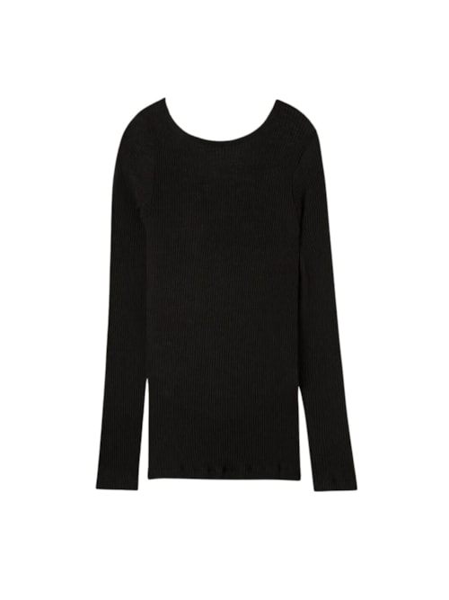 Blusa Manga Comprida Em Lã e Seda - Preto Blusa Manga Comprida Em Lã e Seda - Preto