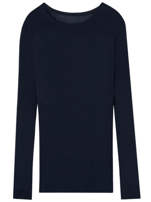 Blusa Manga Comprida Com Decote Amplo Em Lã e Seda - Azul Blusa Manga Comprida Com Decote Amplo Em Lã e Seda - Azul