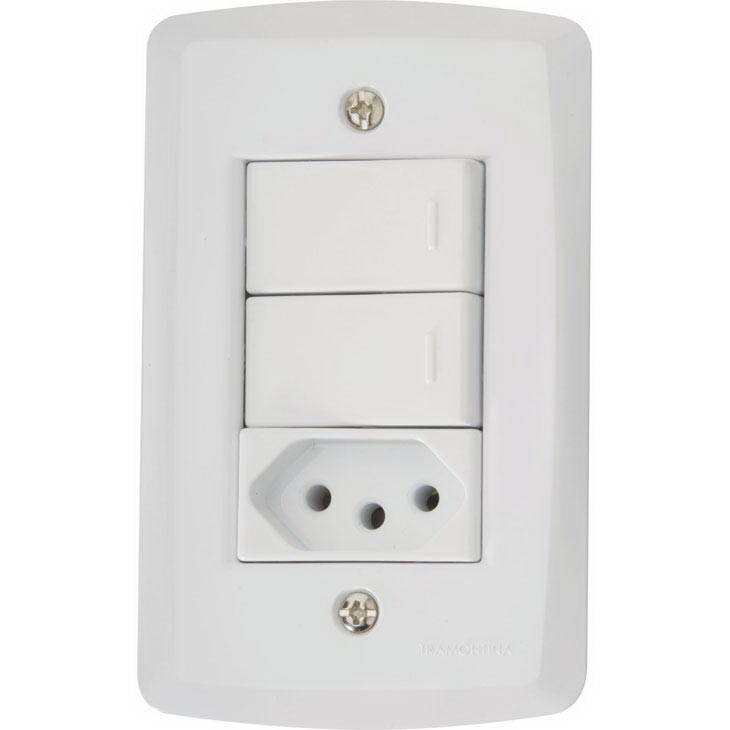 Conjunto 4x2 2 Interruptores Simples 10 A 250 V 1 Tomada 2P+T 10 A 250 V Tramontina Lux2 Conjunto 4x2 2 Interruptores Simples 10 A 250 V 1 Tomada 2P+T 10 A 250 V Tramontina Lux2